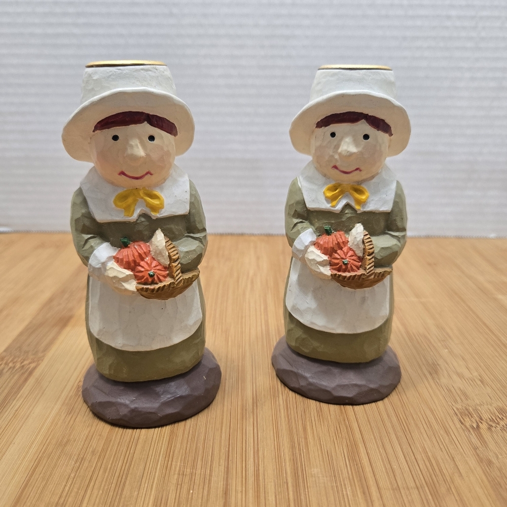 Set of 2 Thanksgiving Candle Holders Centerpiece Pilgrim Pair Decor
